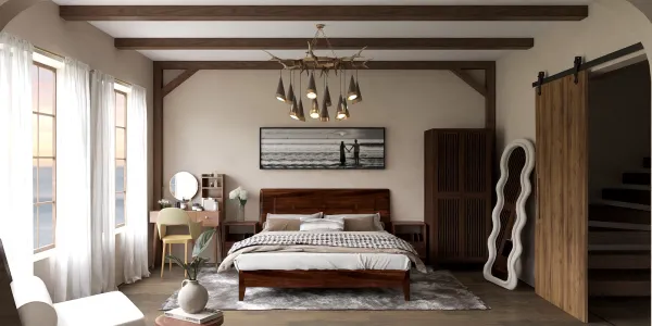 modern bedroom design with a wooden bed and rustic decor showcasing space optimization using smart furniture arrangement with Homestyler's real-time 3D rendering feature.