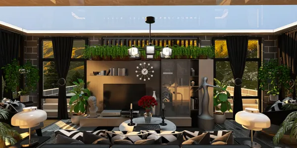 modern living room with stylish furniture arranging in a cozy atmosphere featuring indoor plants and decorative elements, showcasing Homestyler's real-time 3D rendering for a vibrant interior design preview.