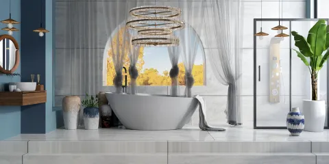 modern freestanding bathtub surrounded by elegant décor in a luxurious bathroom design, featuring smart furniture arrangement for optimal space utilization, highlighting Homestyler's real-time 3D rendering capabilities.