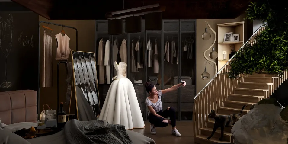 A woman sitting on the floor taking a selfie in a beautifully designed bedroom with a stylish wardrobe, showcasing an elegant dress and modern decor elements, utilizing Homestyler's real-time 3D rendering feature for an immersive interior design experience.