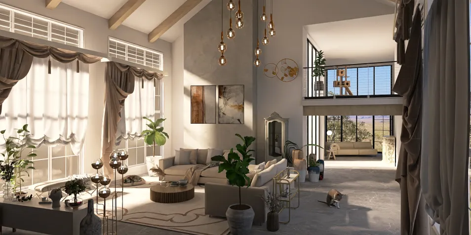 modern living room with elegant furnishings and large windows enhancing natural light, showcasing an inviting atmosphere for interior decor using Homestyler's real-time 3D rendering feature.