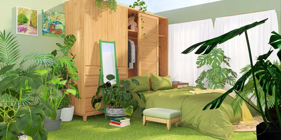 a bedroom with a bed, a chair, and a plant 