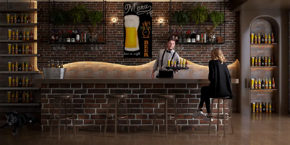 A modern bar setting with a bartender serving drinks, featuring a rustic brick wall and stylish seating. The design showcases an inviting atmosphere for social gatherings and enhances the interior decor experience. Utilizing Homestyler's real-time 3D rendering feature allows for quick visualization of design proposals.