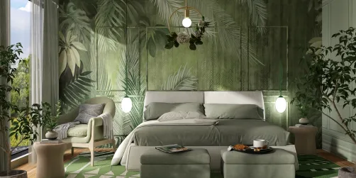 A serene bedroom featuring a lush green wallpaper with tropical plants, showcasing a cozy bed with soft green bedding, complemented by elegant lighting and cozy seating. This interior design reflects modern tropical style, utilizing Homestyler's real-time 3D rendering for an immersive experience.