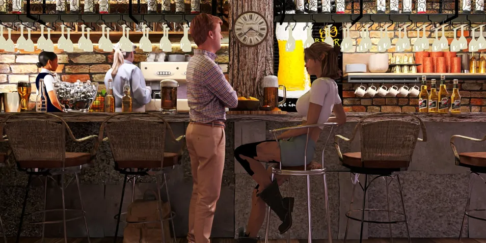 couple chatting at a bar in a rustic style interior design showcasing a lively atmosphere, featuring a detailed liquor display and cozy seating arrangement, optimized using Homestyler's real-time 3D rendering feature.