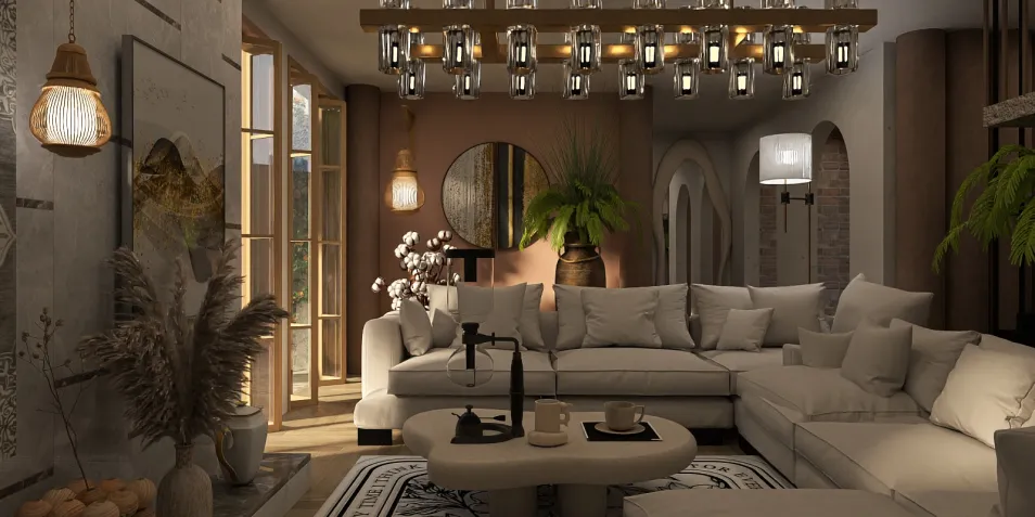 cozy living room with a large sectional sofa and artistic lighting fixtures, showcasing an inviting interior design style for a relaxing space, utilizing Homestyler's real-time 3D rendering feature.