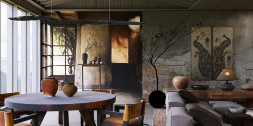 cozy living room with artistic decor embracing a rustic style and maximizing space value using smart furniture arrangement features from Homestyler.