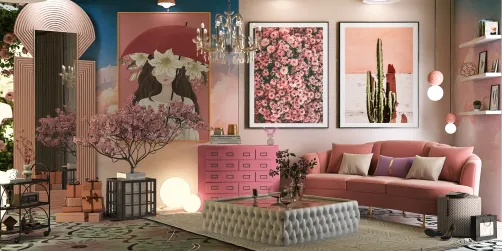 living room with floral wall art and pink furniture showcasing a floral design concept in a contemporary style using Homestyler's real-time 3D rendering feature.