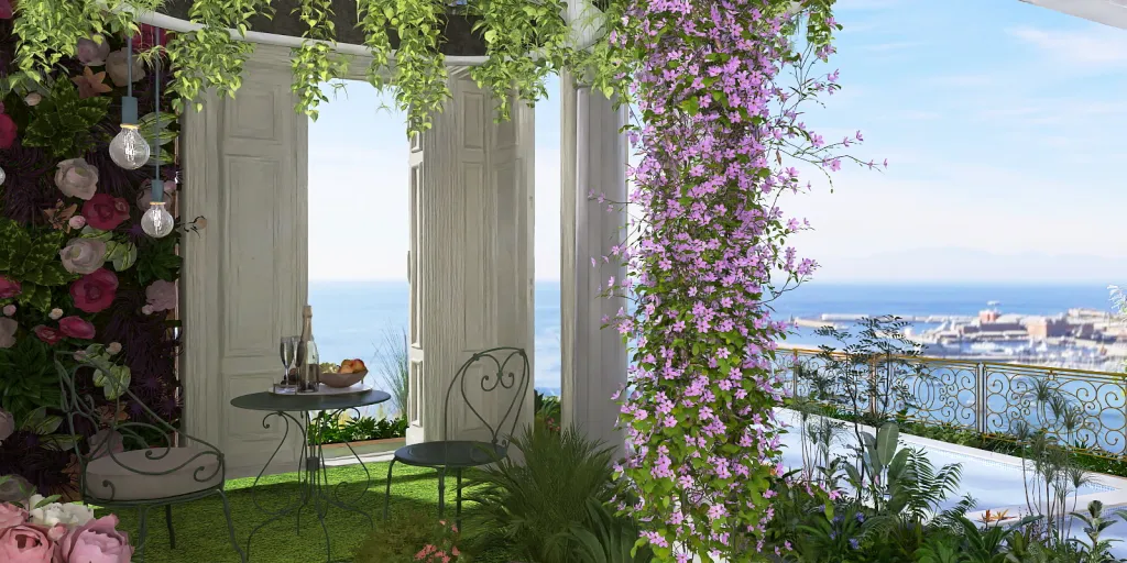 a garden area with a balcony overlooking a beach 