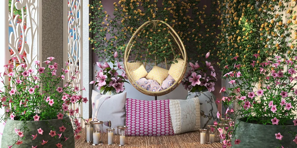 a bed with flowers and a flower vase 