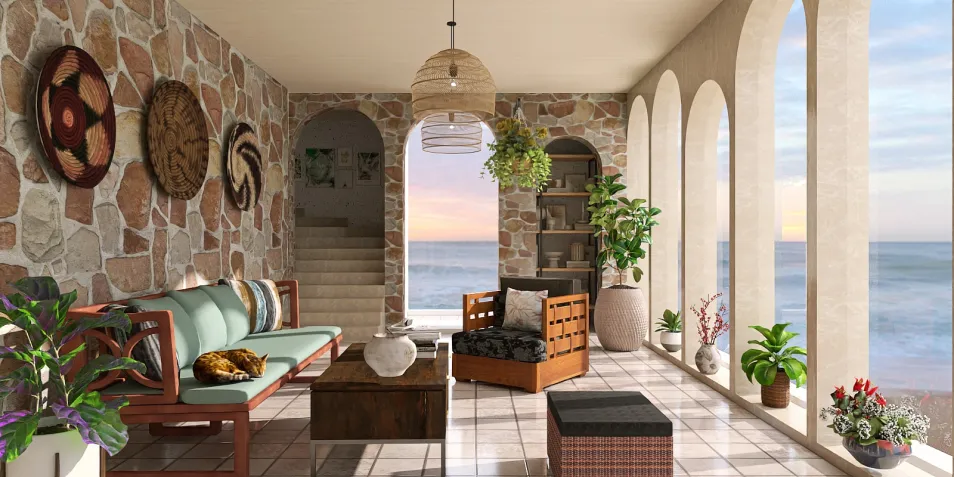 living room with stone wall decor featuring a cozy seating arrangement and large windows overlooking the ocean, showcasing an inviting coastal style with a focus on interior decor, utilizing Homestyler's real-time 3D rendering for design visualization