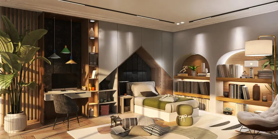 Stylish bedroom featuring a modern desk setup, designed for cozy living space optimization, utilizing Homestyler's real-time 3D rendering feature.