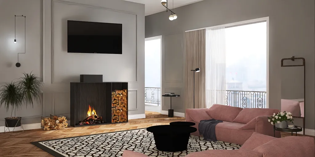 a living room with a fireplace and a couch 