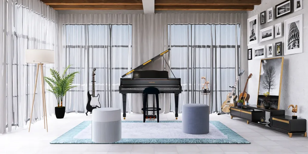 a living room with a piano and a large window 