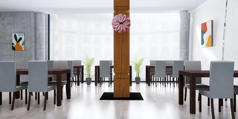 a room with a table and chairs and a clock 