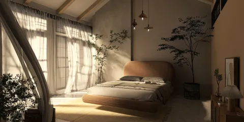 Cozy bedroom interior featuring a modern bed design with soft bedding, decorated with indoor plants and natural light creating a warm atmosphere, showcasing the Homestyler's real-time 3D rendering feature for effective design proposals.