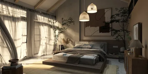 cozy bedroom featuring smart furniture arrangement with modern minimalist style and natural lighting, showcasing Homestyler's real-time 3D rendering feature for instant design previews