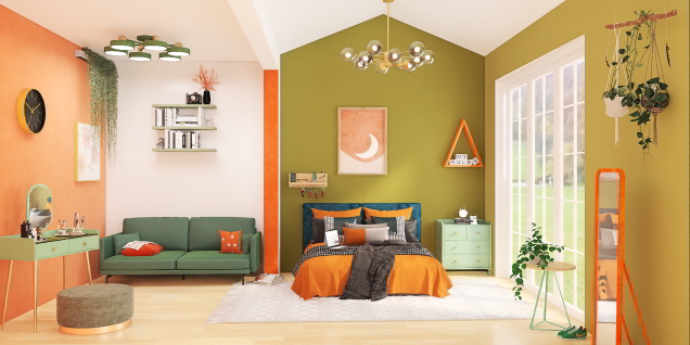 bedroom in shades of green and orange 🎨