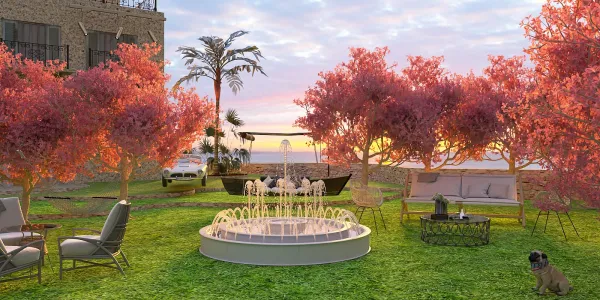 vibrant outdoor garden with a decorative fountain surrounded by flowering trees and comfortable seating, showcasing contemporary landscaping design; featuring Homestyler's real-time 3D rendering functionality.