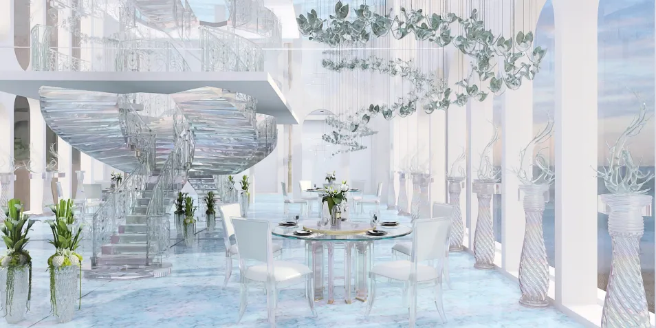 elegant dining area featuring a glass spiral staircase and modern decor, highlighting a luxurious ambiance, designed using Homestyler's real-time 3D rendering feature.