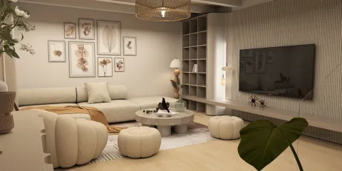 cozy living room featuring a modern sofa and decorative wall art with a neutral color palette, designed using Homestyler's 3D rendering for efficient space visualization.