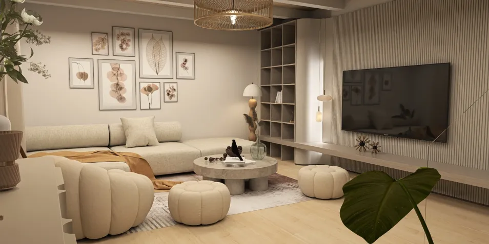 cozy living room featuring a modern sofa and decorative wall art with a neutral color palette, designed using Homestyler's 3D rendering for efficient space visualization.
