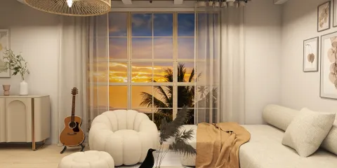 cozy living room with sofa and pouf by a large window showcasing a sunset view, featuring a warm and minimalist style, utilizing Homestyler's real-time 3D rendering for quick design previews.