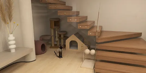 Cat playing in a cozy interior space featuring modern wooden stairs and various pet furniture, showcasing a warm and inviting atmosphere, ideal for pet-friendly design using Homestyler's 3D rendering capabilities.