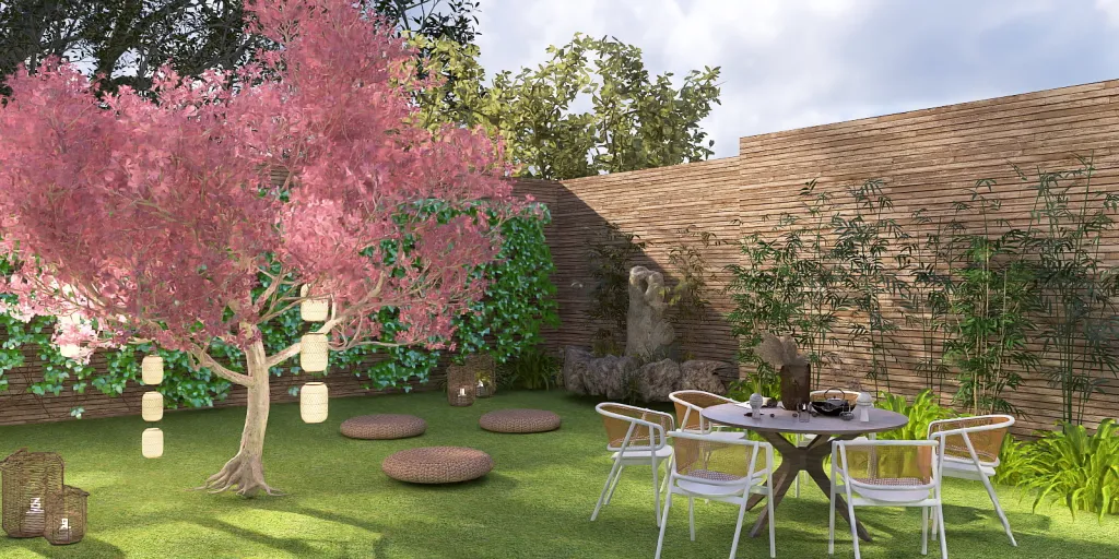 a garden with a table and chairs and a large tree 