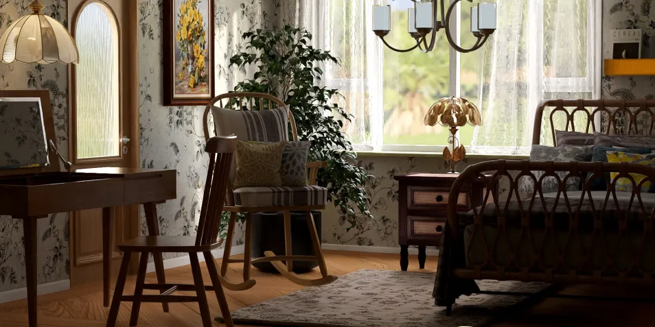 cozy bedroom design featuring a wooden bed and vintage decor with a warm color palette, showcasing the Homestyler's real-time 3D rendering feature for visualizing interior spaces.