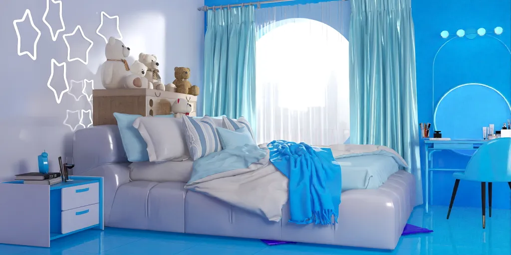 a living room with a blue couch and blue pillows 