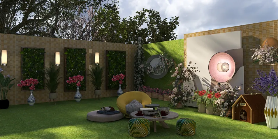 Lush garden area with vibrant flowers and plants featuring outdoor seating and decorative elements in a modern style, showcasing interior design with Homestyler's real-time 3D rendering.