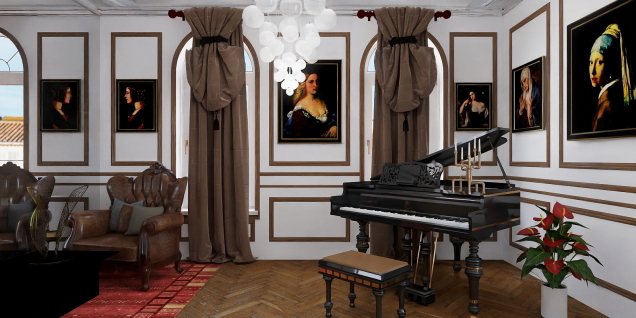 Piano room with beautiful female portraits