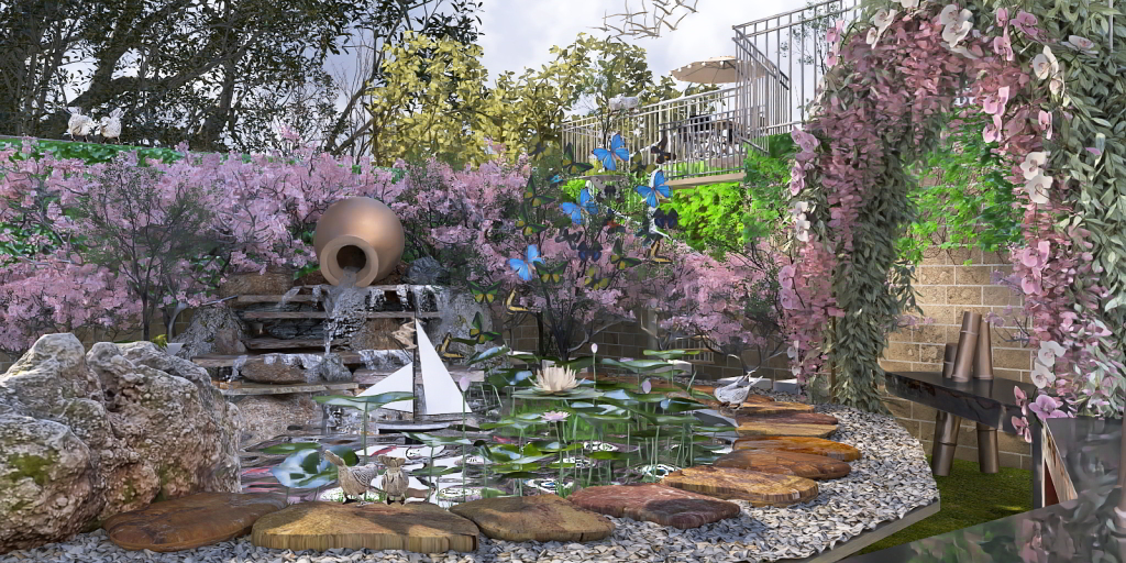 a garden with flowers and plants in it 
