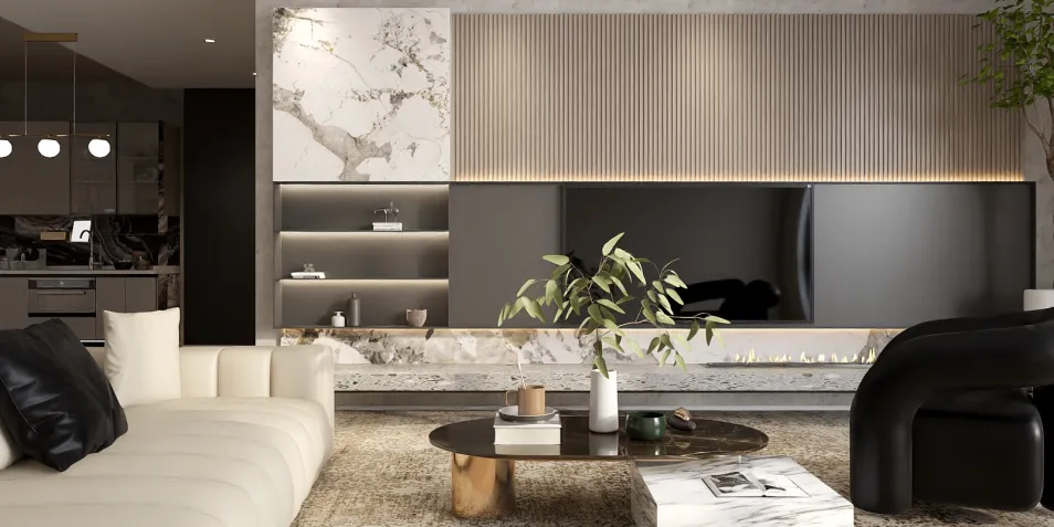 modern living room design featuring a sleek sofa and stylish coffee table, showcasing a contemporary aesthetic and optimized space layout using Homestyler's real-time 3D rendering feature.