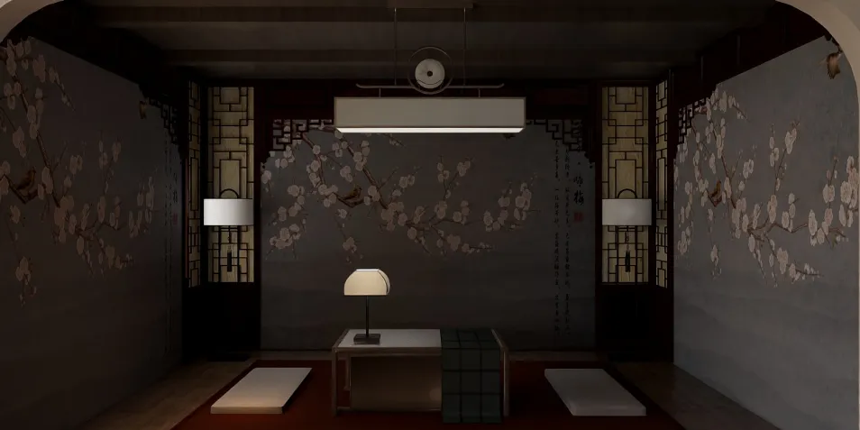 Elegant interior design featuring a serene tea room with cherry blossom wall art, showcasing a traditional Asian style and optimized space for relaxation, using Homestyler's real-time 3D rendering feature.