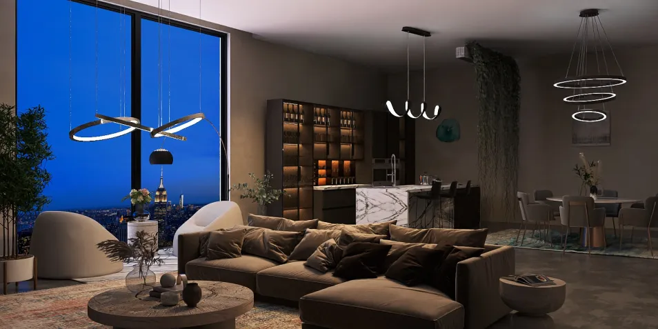 modern living room with cozy furniture arrangement showcasing a minimalist style and optimized small space value using Homestyler's smart furniture layout feature.