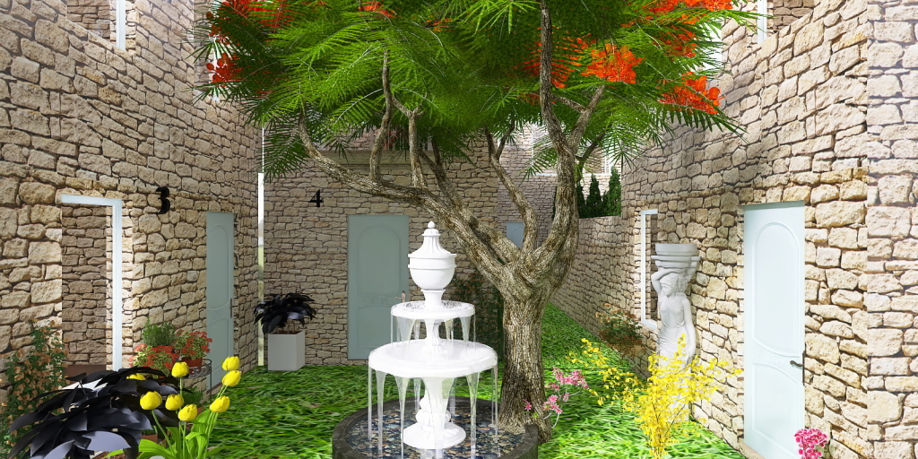 a garden with a tree and shrubbery 