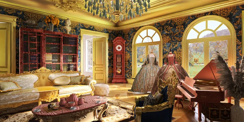 luxurious living room showcasing ornate furniture and decor featuring elegant chandeliers and colorful wallpaper creating a regal atmosphere with interior design inspiration using Homestyler's real-time 3D rendering feature.