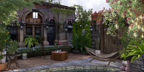 outdoor garden with lush greenery featuring a cozy seating area and decorative plants in a rustic style, showcasing Homestyler's real-time 3D rendering for an immersive design experience.