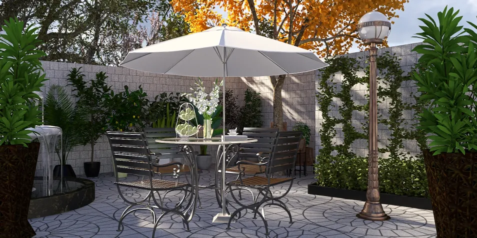 outdoor dining area with a glass table and metal chairs, featuring a white umbrella, surrounded by greenery and decorative plants, showcasing Homestyler's real-time 3D rendering for enhancing outdoor living space design.