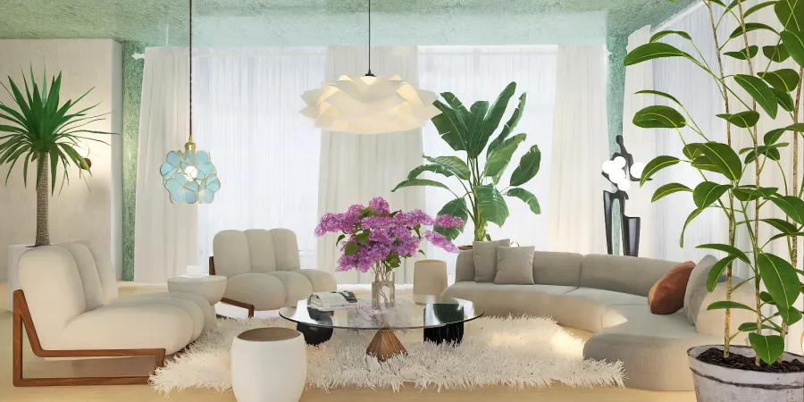 a living room with a couch, table, and flowers 