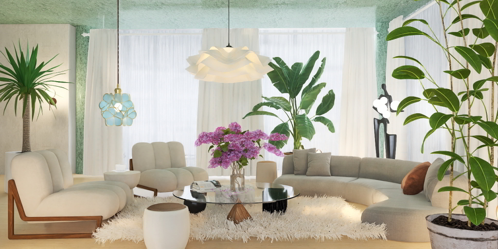 a living room with a couch, table, and flowers 