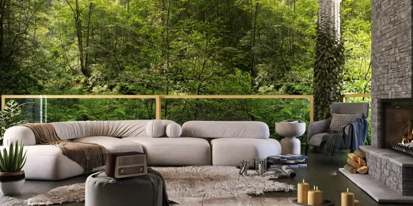 modern sectional sofa arranged in a spacious living room with a forest mural backdrop, featuring eco-friendly decor, showcasing interior design concepts with Homestyler's real-time 3D rendering feature.