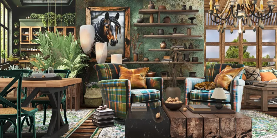 Rustic living room with comfortable plaid chairs and a wooden coffee table, showcasing a vintage horse portrait and green plants, designed using Homestyler's real-time 3D rendering feature for an immersive interior decor experience.