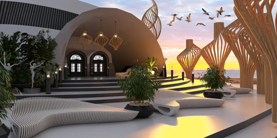 modern architecture entrance featuring a unique circular design with elegant outdoor seating, showcasing a contemporary aesthetic ideal for luxury outdoor spaces; includes Homestyler's real-time 3D rendering feature for effective design preview.