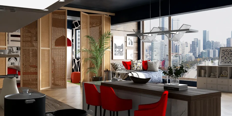 Modern open-concept living room featuring stylish wooden sliding doors, vibrant red chairs, and a panoramic city view, showcasing interior design optimization with Homestyler's real-time 3D rendering feature.