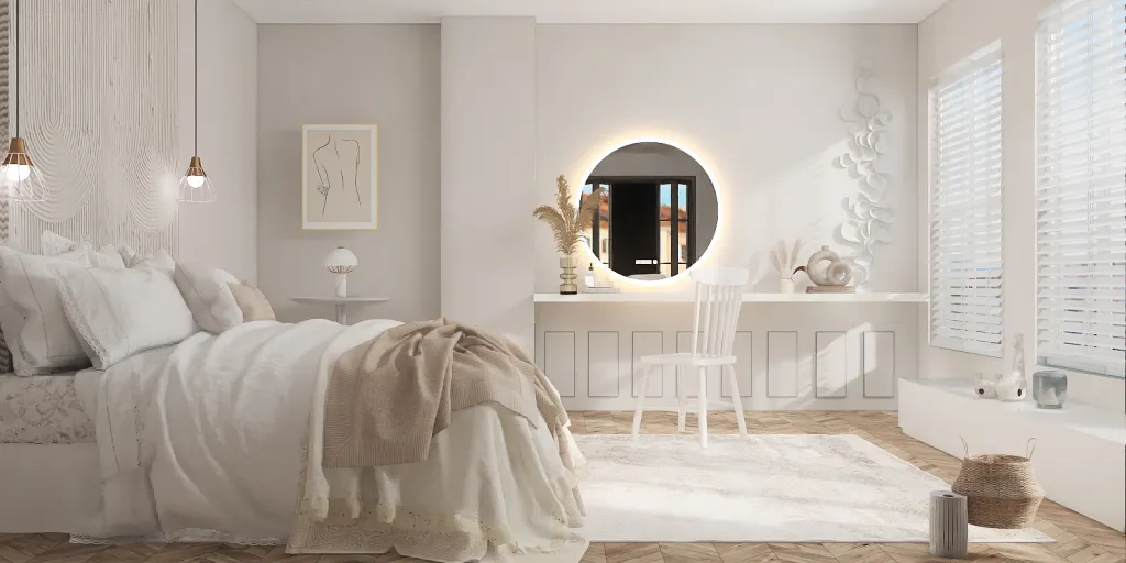 a bedroom with a white bed and a white wall 