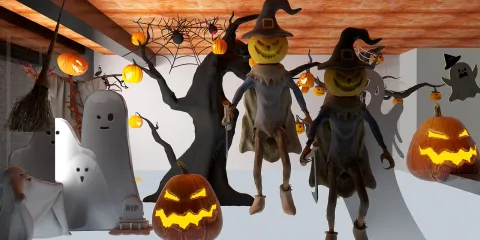 Halloween decor featuring spooky ghosts, carved pumpkins, and whimsical characters in a festive arrangement, showcasing a playful interior design style, optimized for creating immersive holiday settings using Homestyler's AR virtual furniture placement feature.