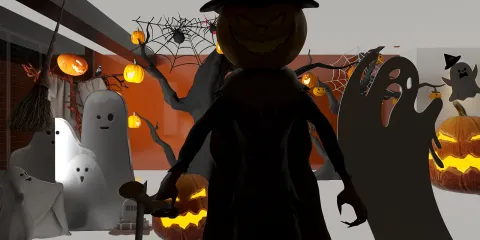 3D animated Halloween decoration setup featuring spooky elements like ghosts and pumpkins, showcasing interior design creativity and festive ambiance, utilizing Homestyler's real-time 3D rendering for design previews.